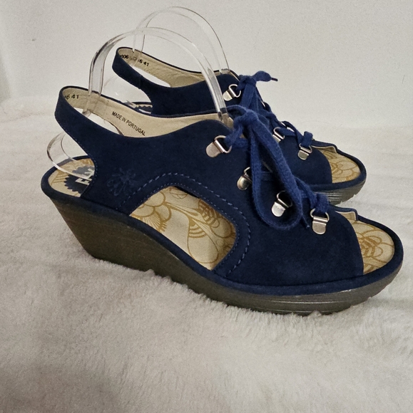 Fly London Bold Blue Yifa Leather Lace-Up Cut Out Sling Back Wedges Size 10-10.5 - Picture 3 of 16